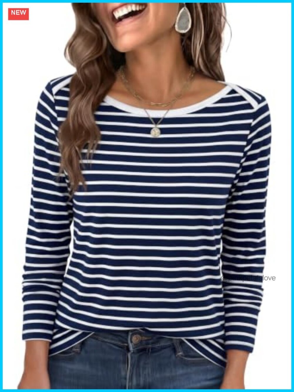 Womens Boat Neck Long Sleeve Top Casual Fall Tee Striped Pullover
